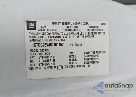 2006 GMC Savana Work Van z USA, uszkodzony, nr VIN 1GTGG25V461101152